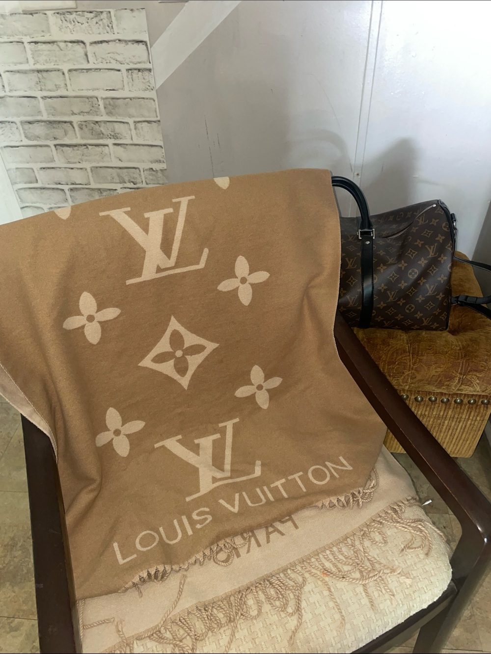 New  Tan and Cream Monogram cashmere Throw scarf extra long